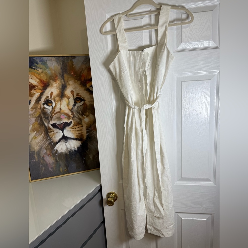 Mango Cream Square-Neck Midi Dress with Waist Tie